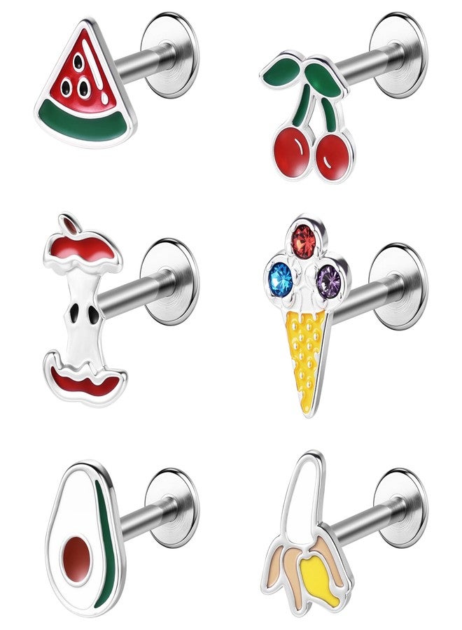 BodyAce 16G/18G Stud Piercings Jewelry Food Fruit Lip Studs Labret Ring Surgical Steel Flat Back Earrings for Nose Conch Lip Medusa Tragus Piercing Internal Thread [A;18G;BL:6mm] - Image 1